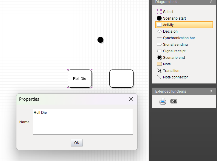 Violet with the activity tool highlighted and an activity's properties window open, showing where to enter Roll die and confirm the change.