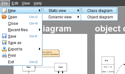 Violet with a Class diagram open, showing the location of the diagram toolbar and its class and association tools.