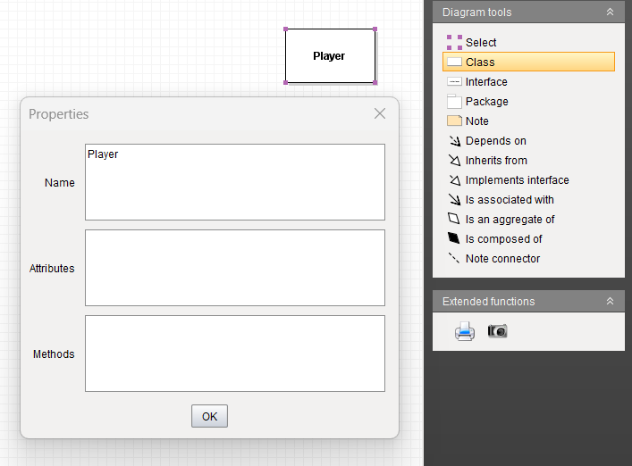 Violet's class tool highlighted in the diagram toolbar with a newly placed class box in the workspace and empty attributes and methods compartments.
