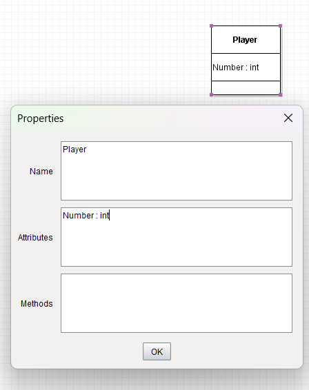 Violet showing the Player class with Number : int as its only attribute and an empty methods compartment. The properties window shows Number : int in the attributes field.