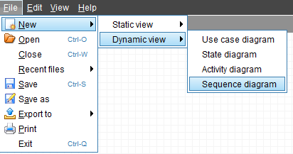 Violet with the toolbar control for creating a new diagram highlighted and the Sequence diagram option visible in the new-diagram chooser.