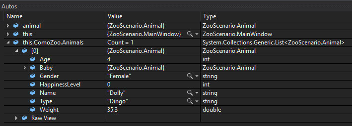 Check Your Work: ComoZoo Animals List; compare object identities, field values, and execution position with your debugger.