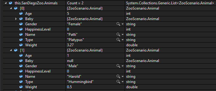 Check Your Work: Animals List (San Diego Zoo); compare object identities, field values, and execution position with your debugger.