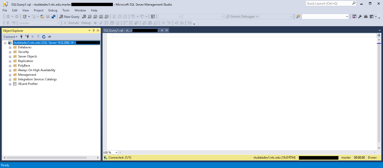 SQL Server Management Studio after connecting