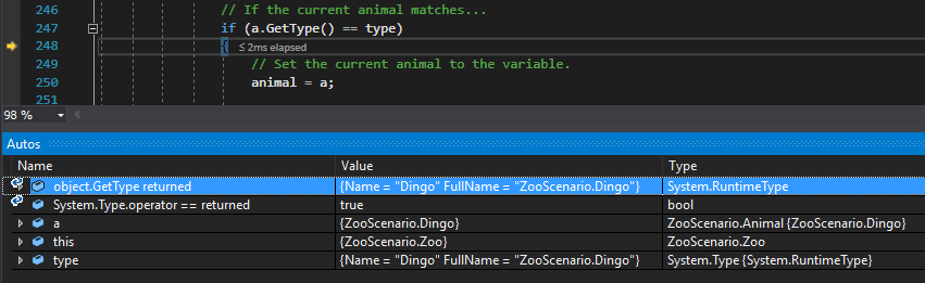 Check Your Work: GetType Return; compare object identities, field values, and execution position with your debugger.