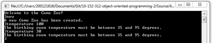 Console: Error Message. Reference figure for provide user feedback for the birthing room temperature if designated value is out of range.