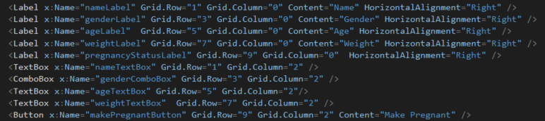 Snip - Xaml Elements. Reference figure for add labels and controls to the animal window to enhance functionality.