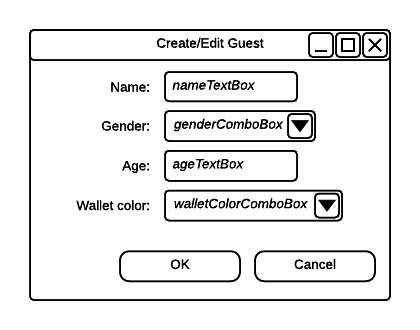 Wireframe: Guest Window. Reference figure for add ability to add guests using a new window.