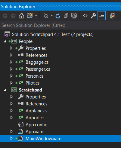 Snip: Solution Explorer for 4.1 Scratchpad Learning Activity. Use the adjacent task instructions to identify the required controls, output, or debugger values.