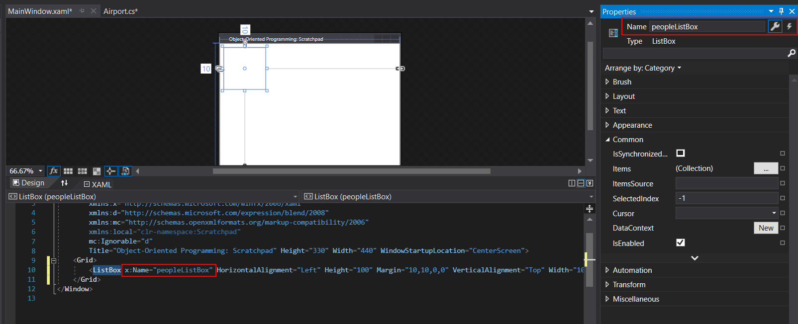 Snip: ListBox Name for 4.5 Scratchpad Learning Activity (NEW). Use the adjacent task instructions to identify the required controls, output, or debugger values.