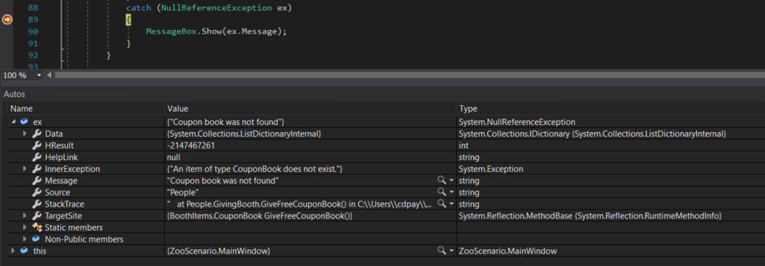 Snip: Exception Message. Reference figure for use inner exceptions when handling exceptions.