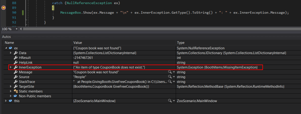 Snip: MissingItemException Message. Reference figure for create and throw custom exceptions.