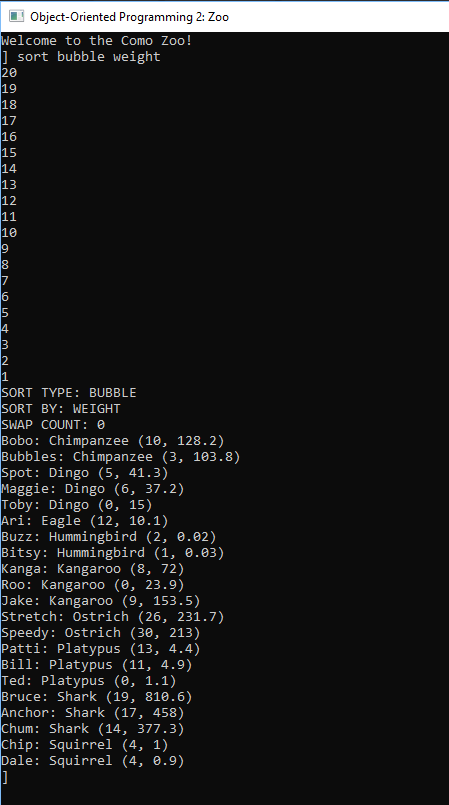 Snip - BubbleSort Outer Loop. Reference figure for write a bubble sort to sort animals by weight.