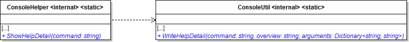 Class Diagram: Console Util. Reference figure for use a dictionary to refactor the console help command for commands with multiple parameters.
