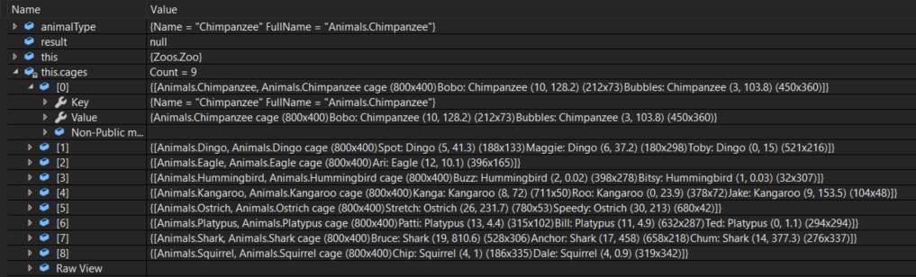 Snip - Cages Key/Value. Reference figure for use a dictionary to associate a cage with an animal type.
