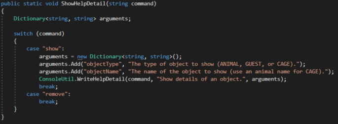 Snip - ShowHelpDetail. Reference figure for use a dictionary to refactor the console help command for commands with multiple parameters.