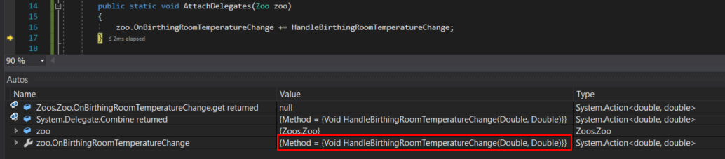 Snip: OnChange Delegate Becomes Handle. Reference figure for use delegates to update the birthing room temperature in console.