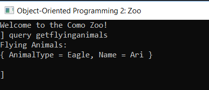Image: GetFlyingAnimals Result. Reference figure for write linq queries with sorting.