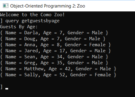 Image: GetGuestsByAge Result. Reference figure for write linq queries with sorting.