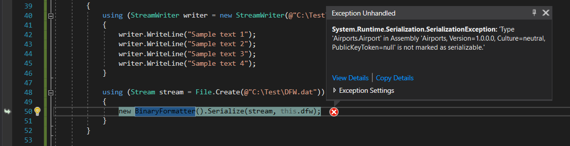 Snip: Serializable Error for 6.1 Scratchpad Learning Activity (NEW). Use the adjacent task instructions to identify the required controls, output, or debugger values.
