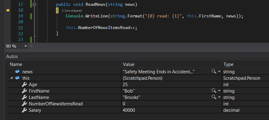 Snip: ReadNews for 6.2 Scratchpad Learning Activity (NEW). Use the adjacent task instructions to identify the required controls, output, or debugger values.
