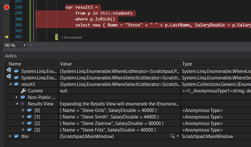 Snip: Anonymous in Linq for 6.4 Scratchpad Learning Activity. Use the adjacent task instructions to identify the required controls, output, or debugger values.