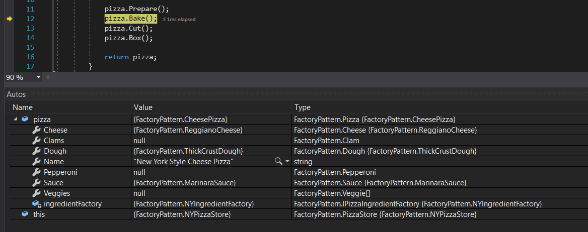 NY Pizza for 7.3 Factory Pattern Lab. Use the adjacent task instructions to identify the required controls, output, or debugger values.