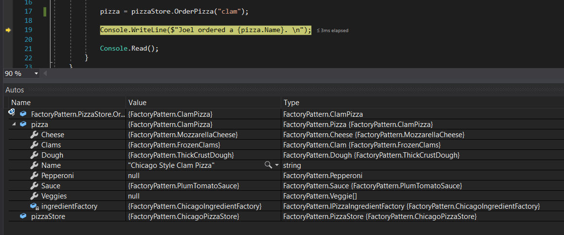 Chicago Pizza for 7.3 Factory Pattern Lab. Use the adjacent task instructions to identify the required controls, output, or debugger values.