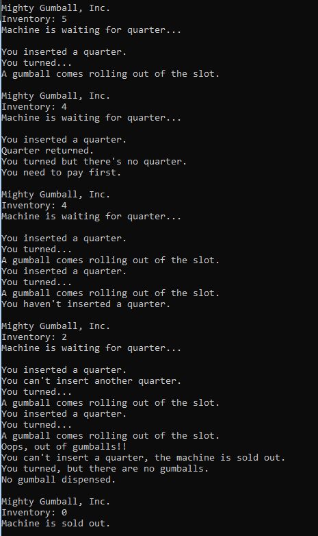 Output for 9.3 State Pattern Lab. Use the adjacent task instructions to identify the required controls, output, or debugger values.