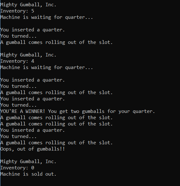 Output for 9.3 State Pattern Lab. Use the adjacent task instructions to identify the required controls, output, or debugger values.