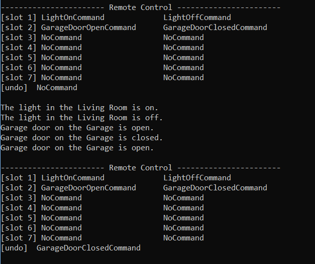 Output for 9.4 Command Pattern Lab. Use the adjacent task instructions to identify the required controls, output, or debugger values.