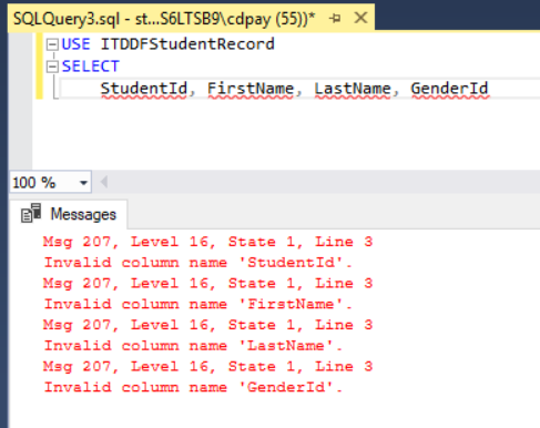 Error results for the incomplete query