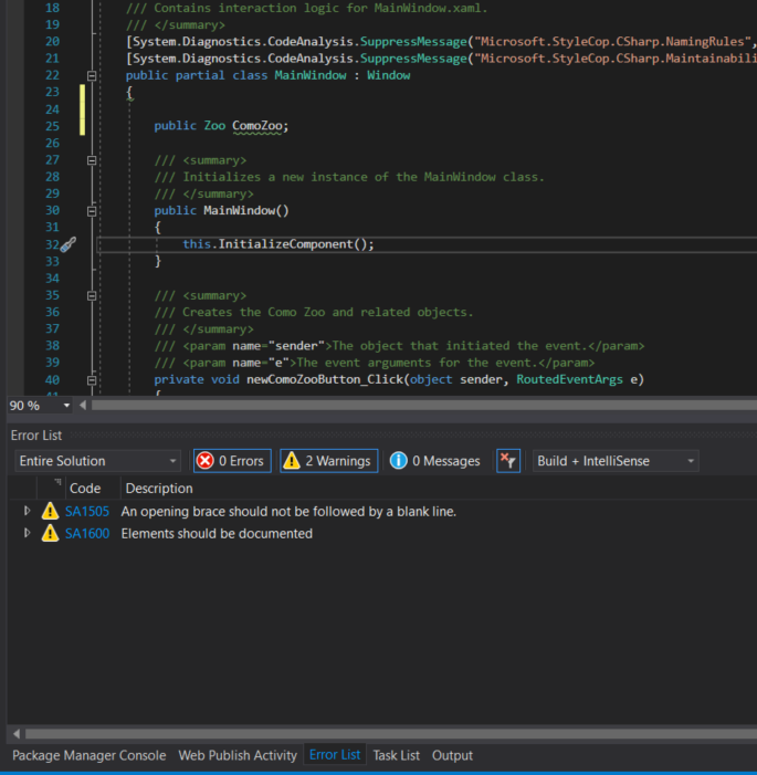 Error List for Install StyleCop. Use the adjacent task instructions to identify the required controls, output, or debugger values.
