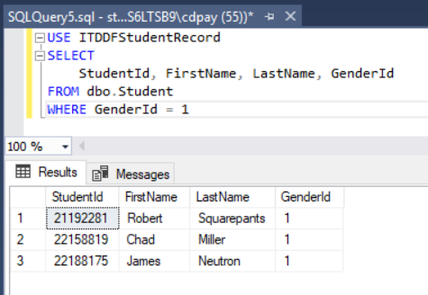 Student rows filtered by GenderId