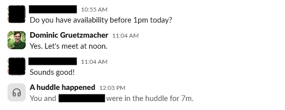 Example Slack direct-message conversation showing that a huddle took place.