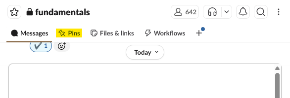 Slack fundamentals channel with the Pins tab selected.