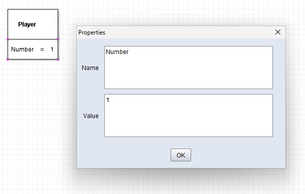 Violet field Properties window showing Name Number and Value 1 next to the Player object.