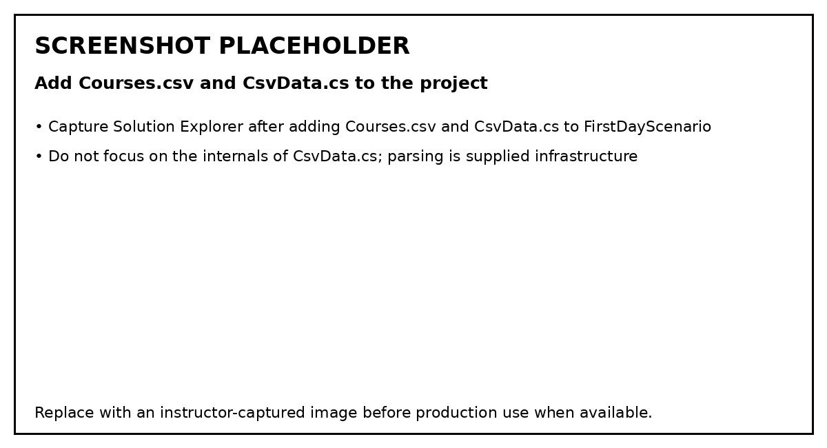 Screenshot placeholder showing Courses.csv and CsvData.cs added to the FirstDayScenario project in Solution Explorer