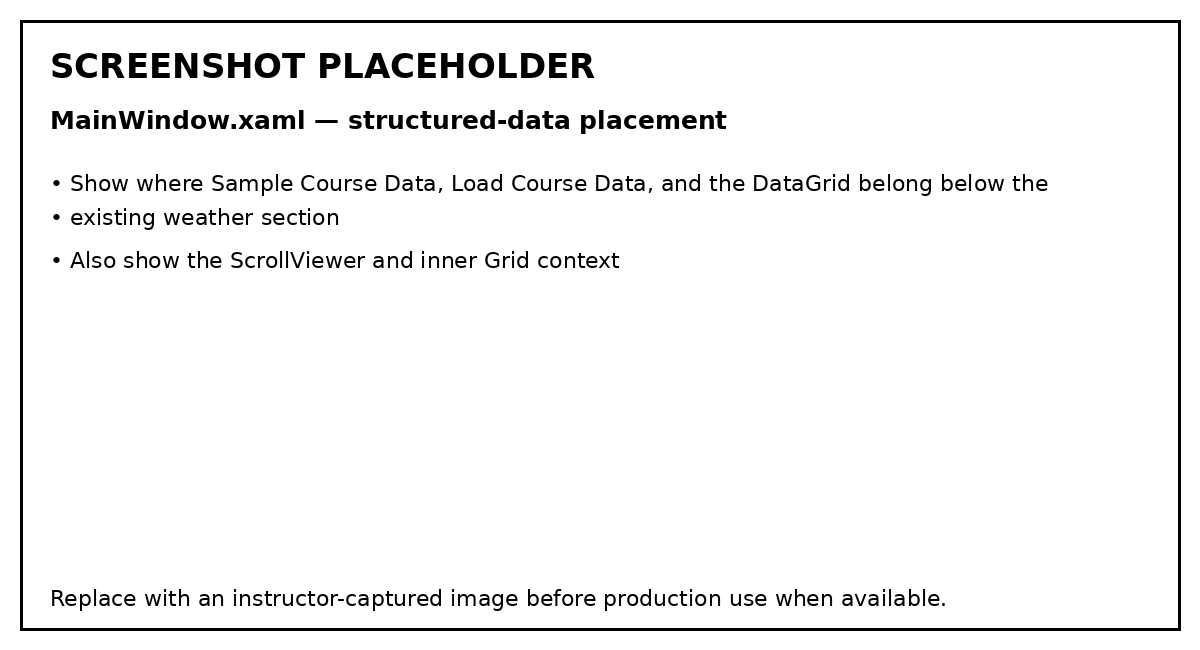 Screenshot placeholder showing where the Sample Course Data controls and DataGrid belong below the 0.5 weather section