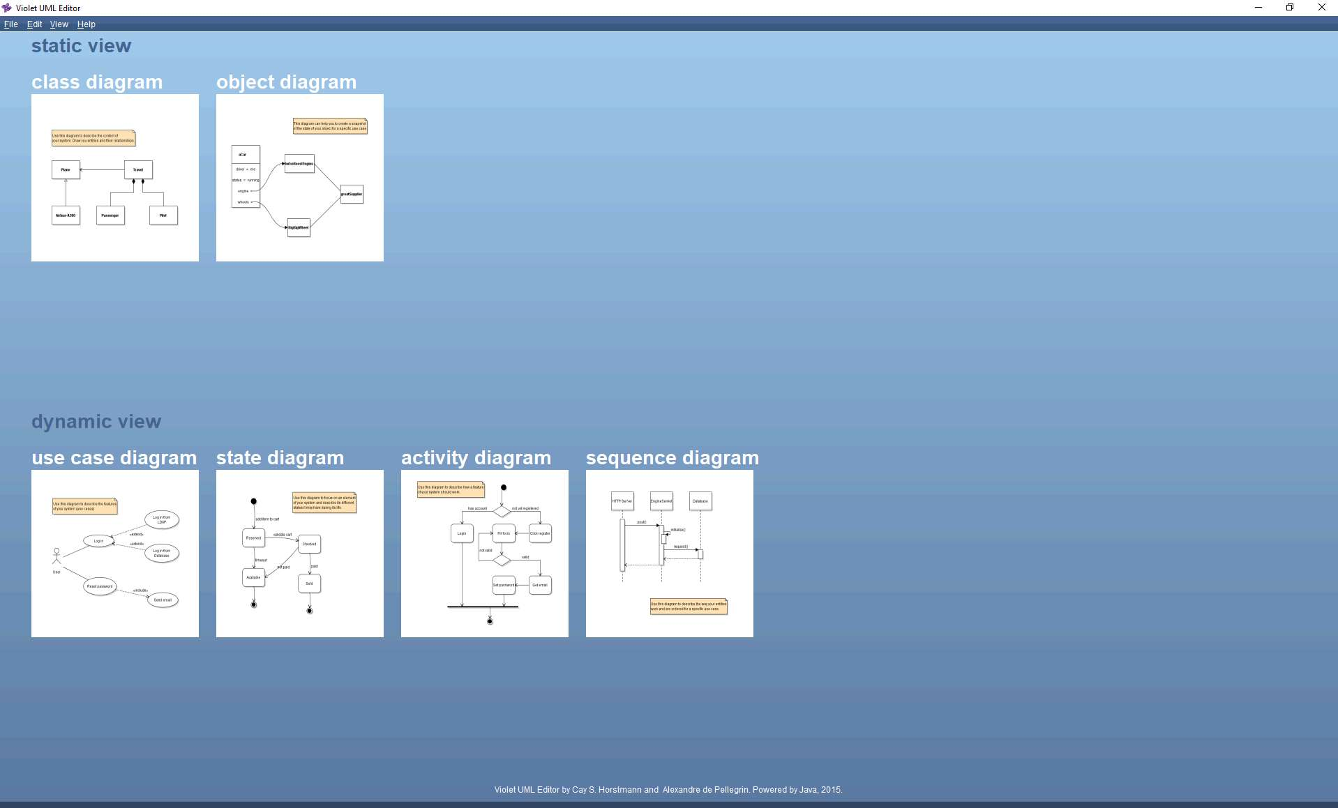 Violet UML Editor 2.1.0 start screen showing static-view and dynamic-view UML diagram choices.