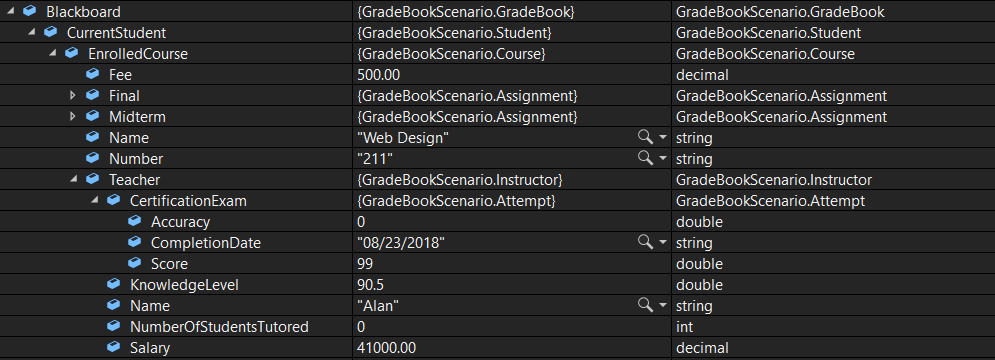 Visual Studio debugger values for the Instructor object used to check Grade Book 1.2 work.