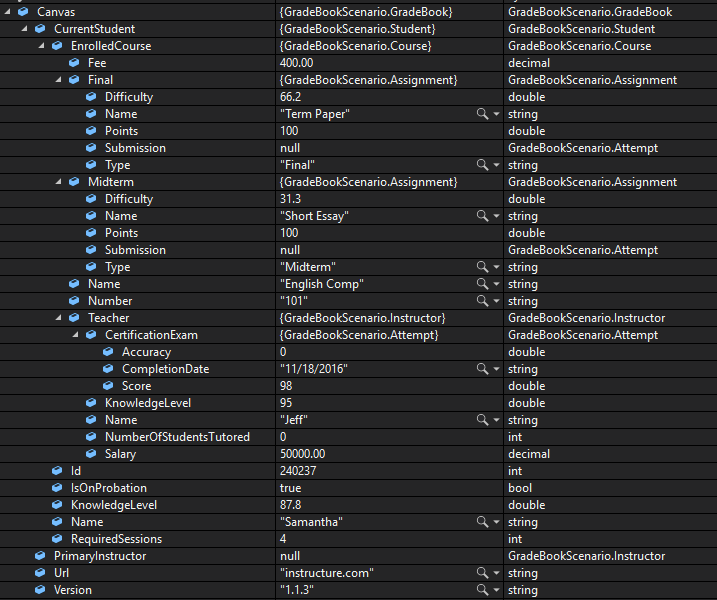 Visual Studio debugger values for the Canvas GradeBook used to check Grade Book 1.2 work.