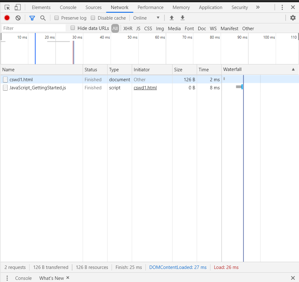 Image of the developer tool with the network tab opened.