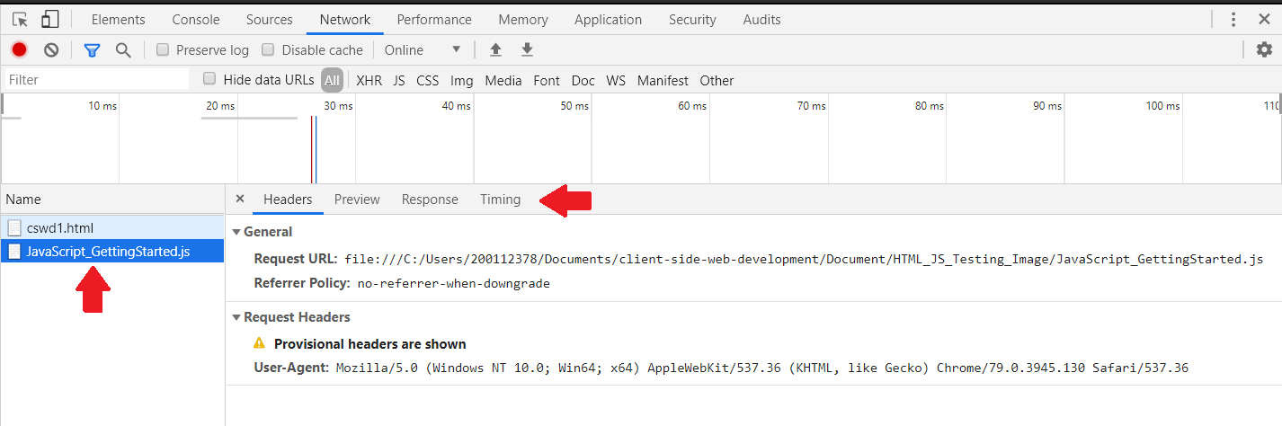 Image showing the network tab when the JavaScript file is selected. Shows the headers, response and performance of the response.