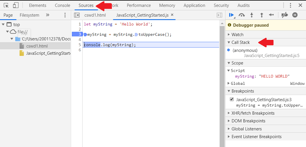 Image showing the sources tab. A break point is set on line 3 that states 'myString = mystring.toUpperCase();'