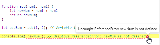 Image showing that newNum cannot be accessed. Statement reads, 'Uncaught reference error: newNum is not defined'