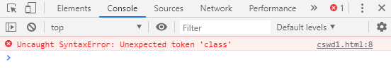 Image showing console stating, 'Uncaught syntax error, Unexpected token class'