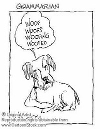 This is a comic of a dog using different verb tenses, woof, woofs, woofing, woofed
