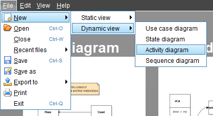 Violet's File menu expanded to show the menu choices leading to a new Activity diagram, with the Activity diagram choice highlighted.