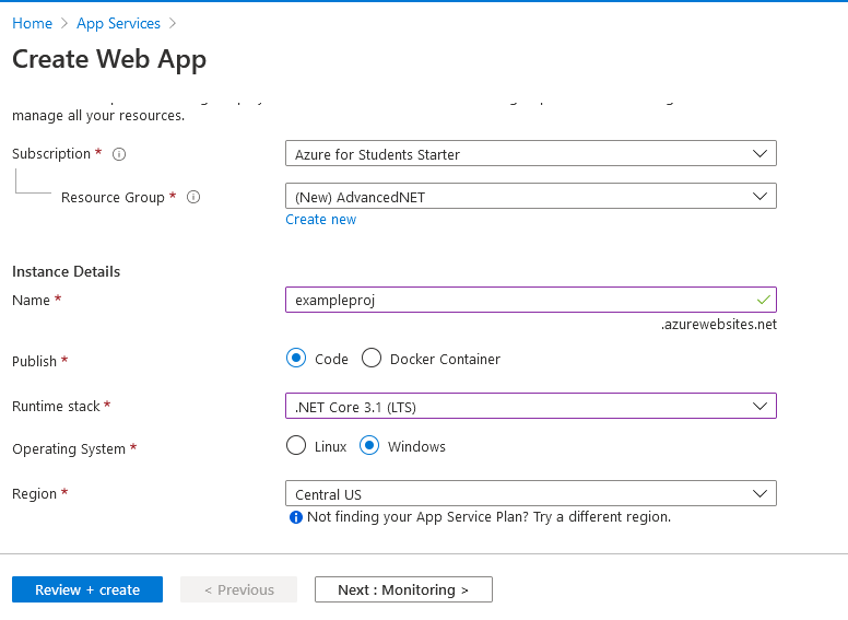 create app service for 12.4 Lab - Deploying API Web Service. Use the adjacent task instructions to identify the required controls, output, or debugger values.